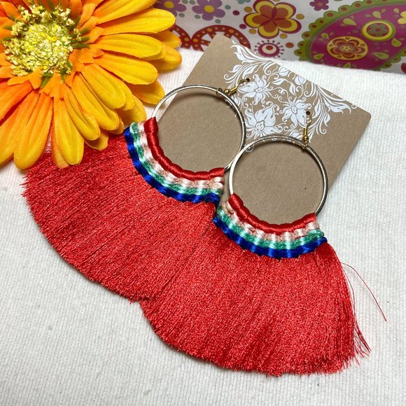 Large Fan Tassel Earrings Red Hoops Long Smooth Silky Fringe Drop Dangles NWT - Picture 2 of 5